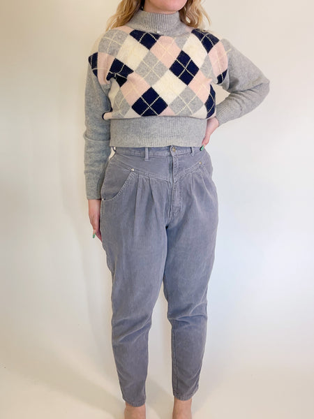 W30” 80s Grey Corduroy High Waisted Pleated Pants