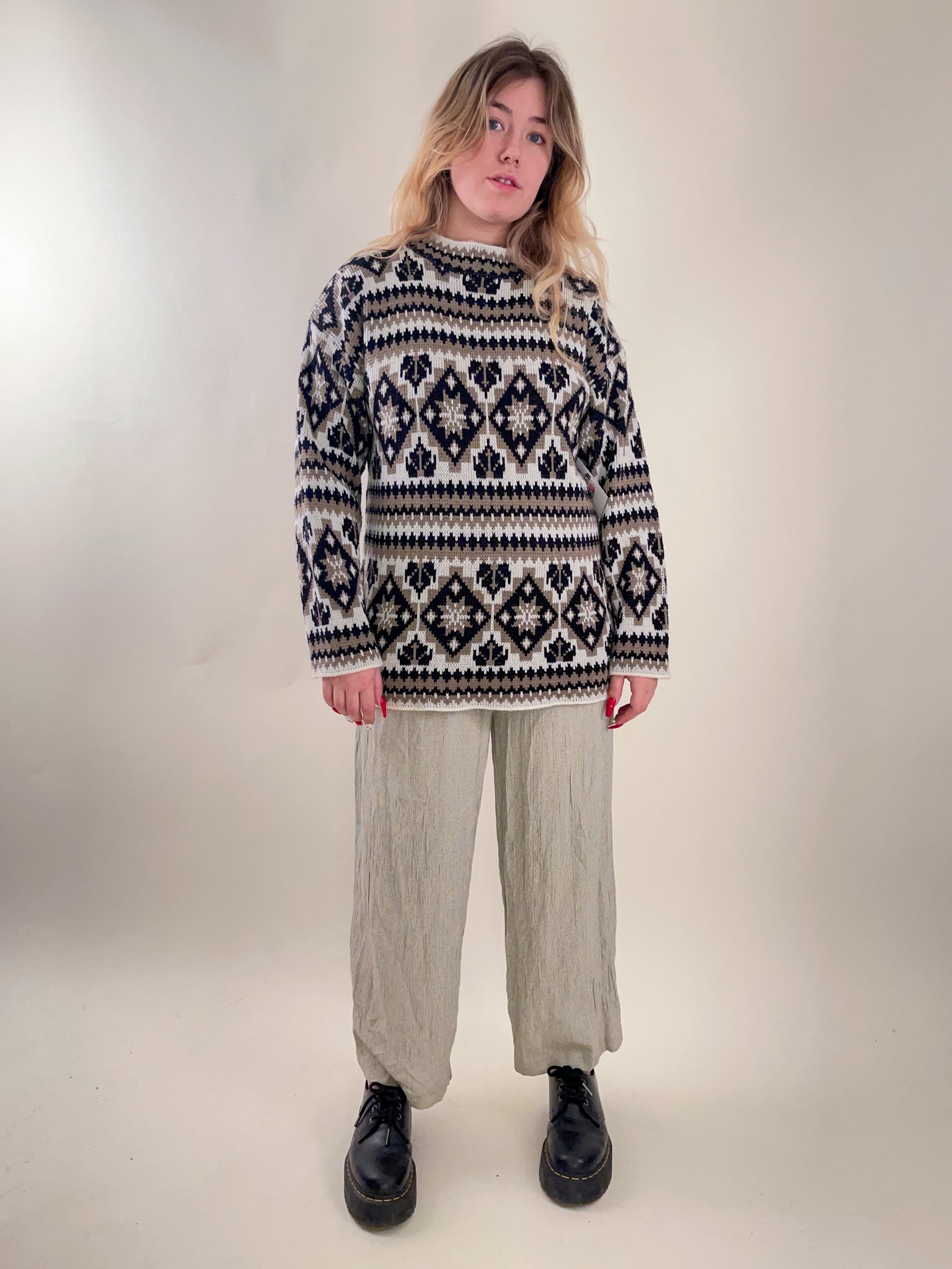 90s Neutral Fair Isle Knit Sweater (L)
