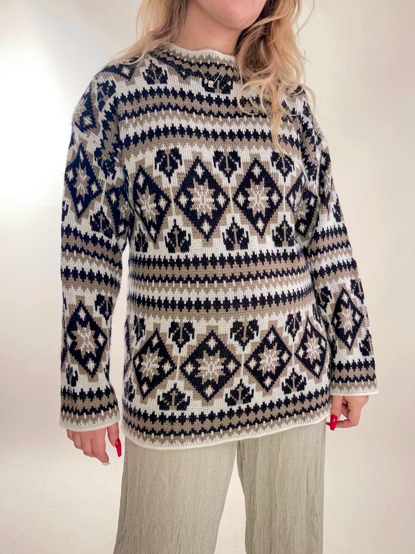 90s Neutral Fair Isle Knit Sweater (L)