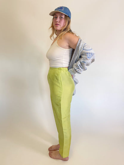 W28”-30” 90s Lime Green Silk Trousers