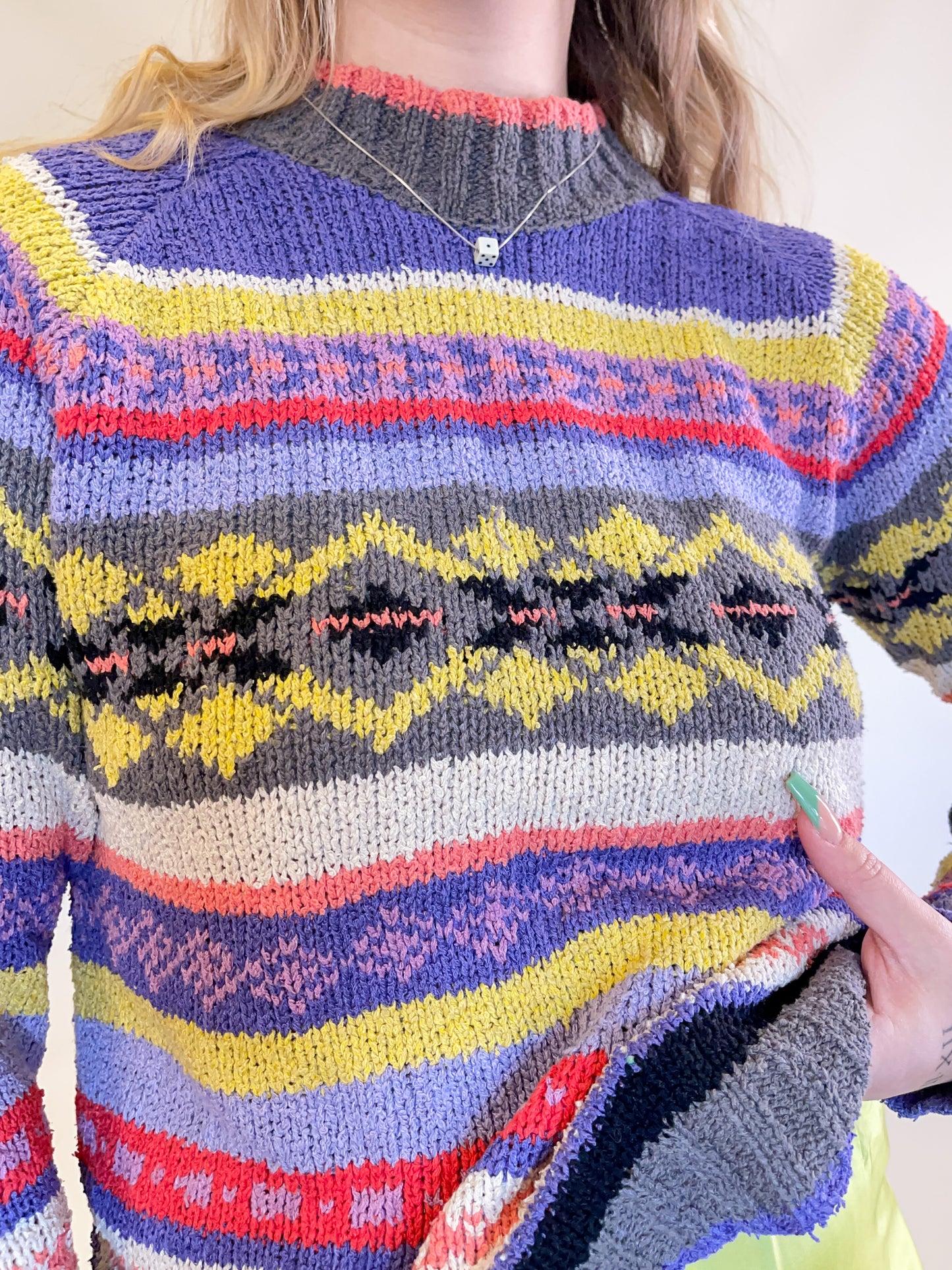 S 90s Silk & Linen Blend Bright Pattern Sweater