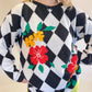 XL/2XL 80s Checkered Sweater w/ Floral Accents