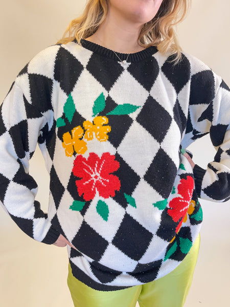 XL/2XL 80s Checkered Sweater w/ Floral Accents