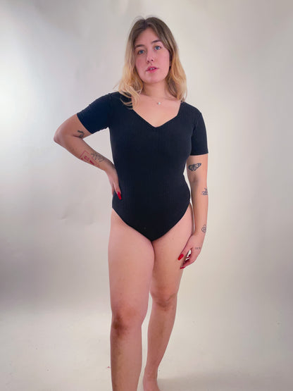90s Black Ribbed Knit Tee Bodysuit