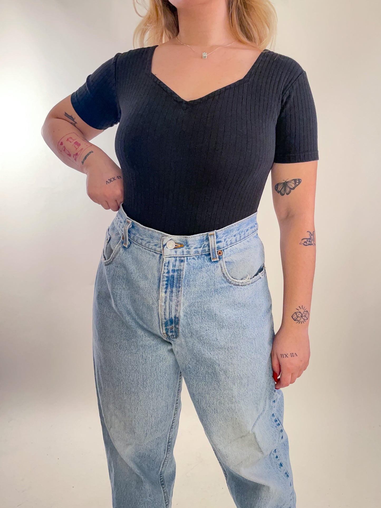 90s Black Ribbed Knit Tee Bodysuit