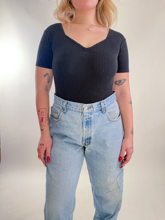 90s Black Ribbed Knit Tee Bodysuit