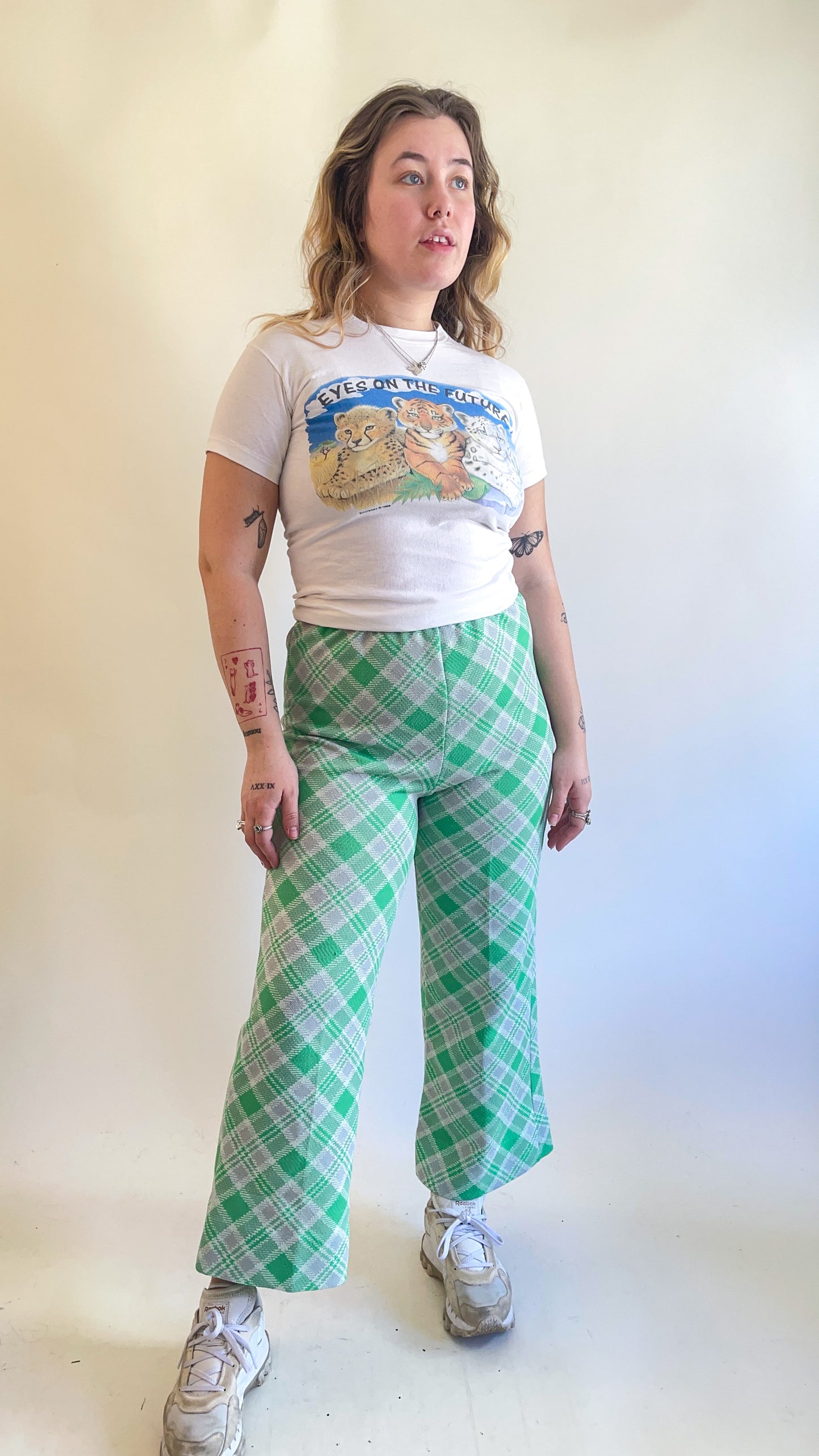 70s Neon Green Plaid Kick Flare Pants (W24"-W32")