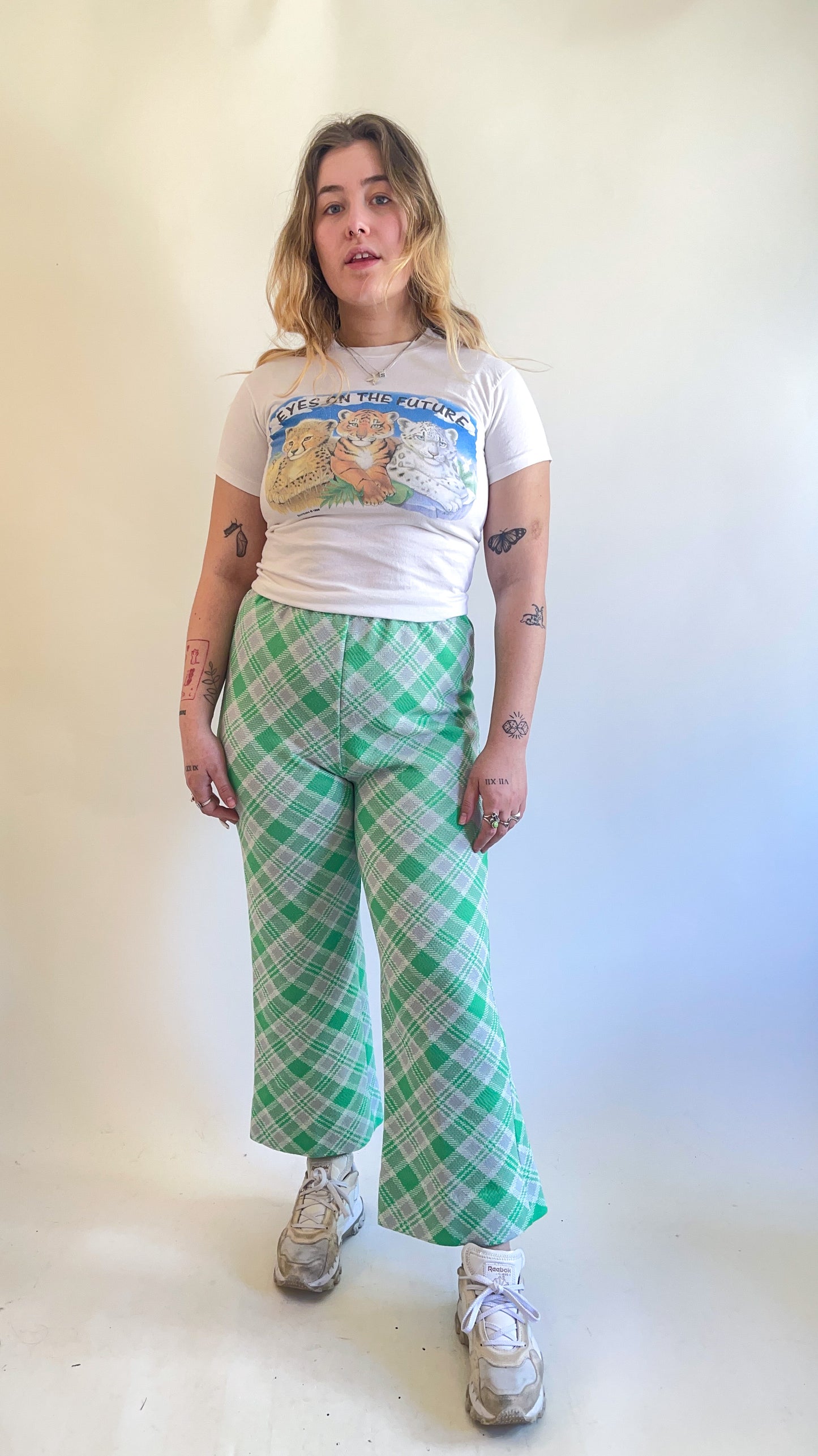 70s Neon Green Plaid Kick Flare Pants (W24"-W32")