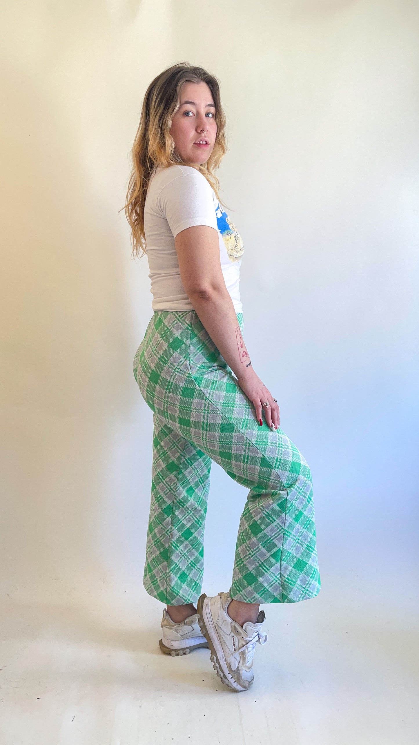 70s Neon Green Plaid Kick Flare Pants (W24"-W32")