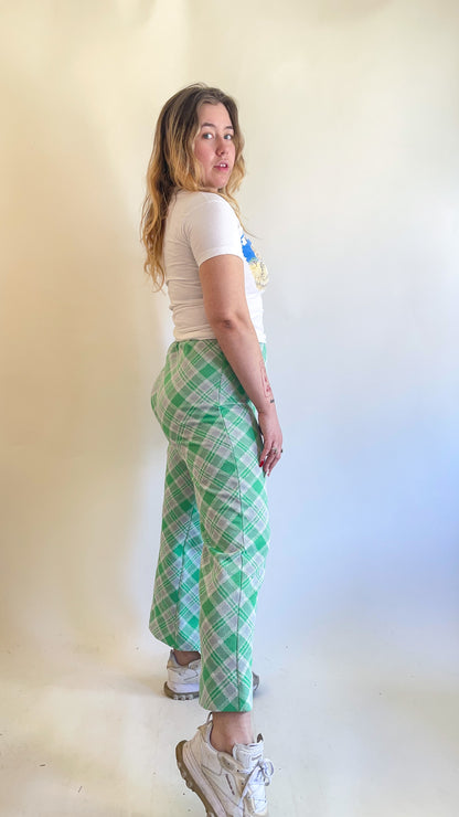 70s Neon Green Plaid Kick Flare Pants (W24"-W32")