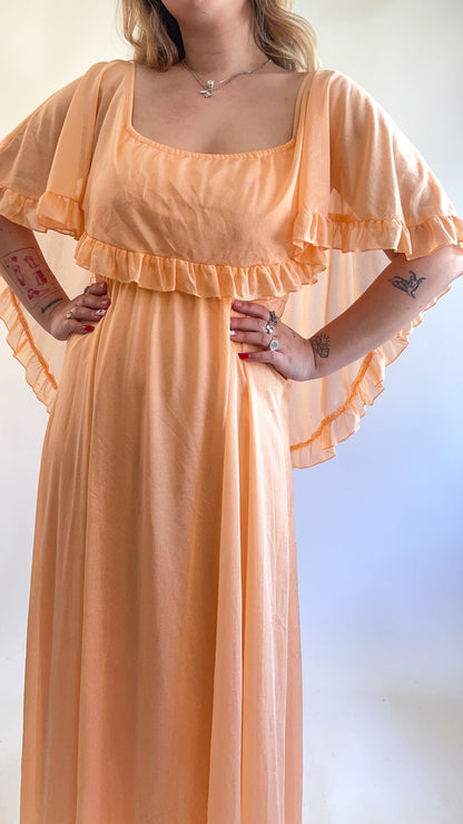 70s Peach Ruffled Cape Maxi Dress (M)