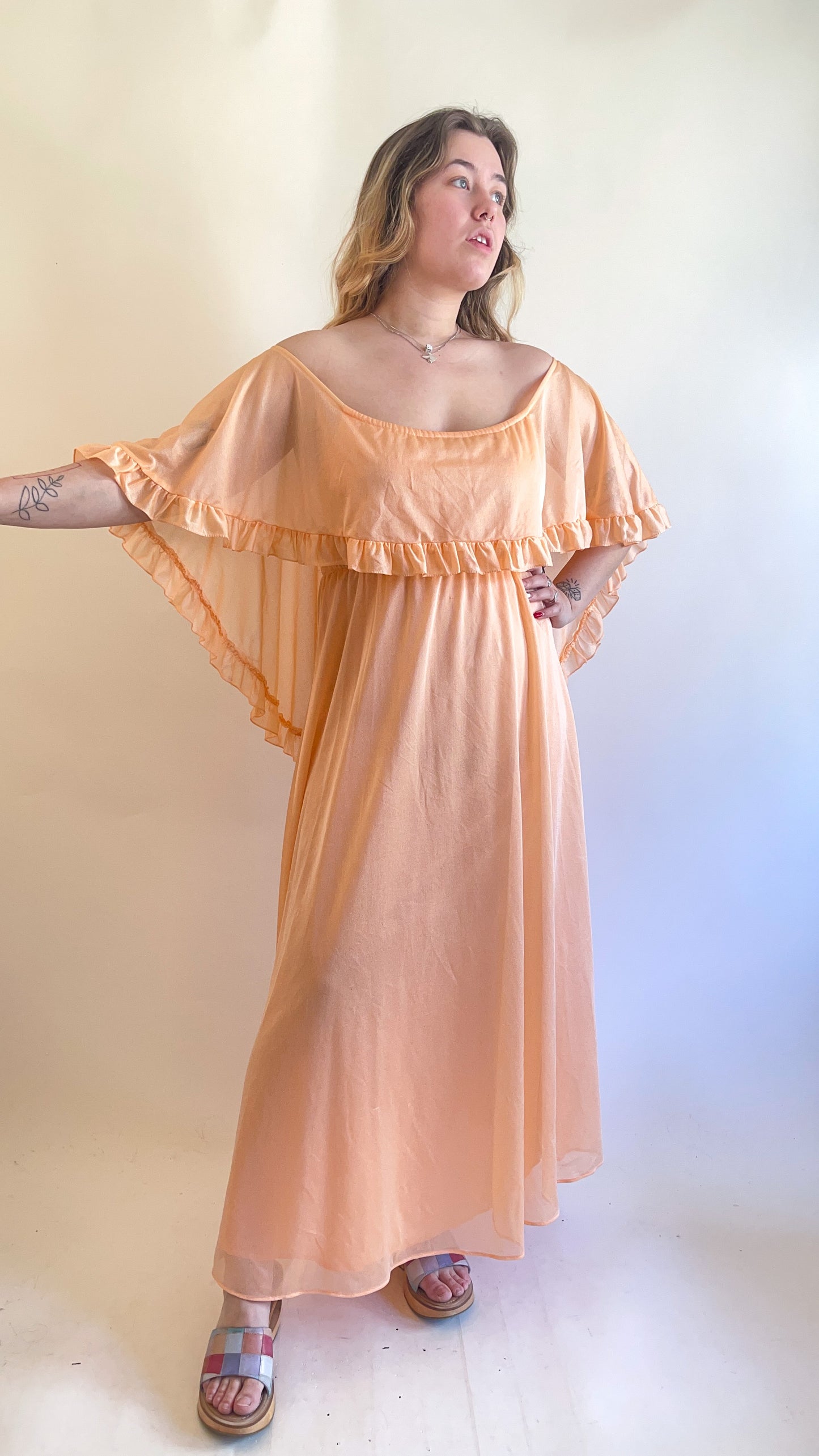 70s Peach Ruffled Cape Maxi Dress (M)