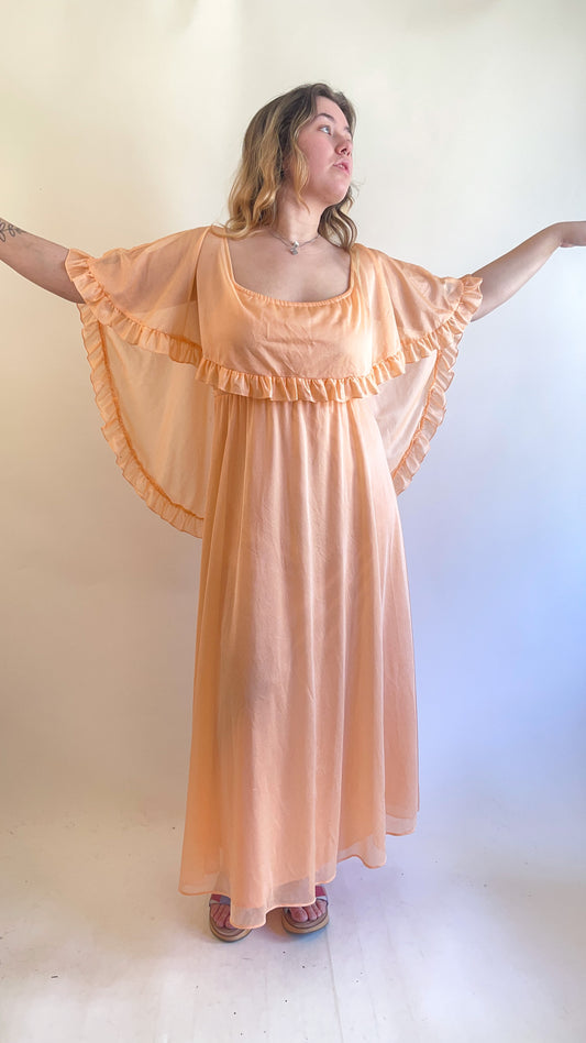 70s Peach Ruffled Cape Maxi Dress (M)