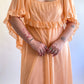 70s Peach Ruffled Cape Maxi Dress (M)
