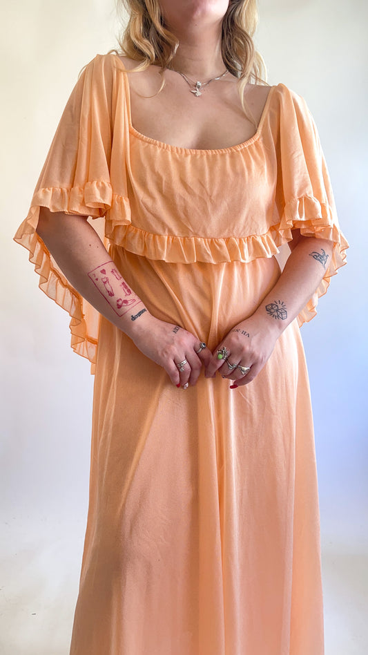 70s Peach Ruffled Cape Maxi Dress (M)