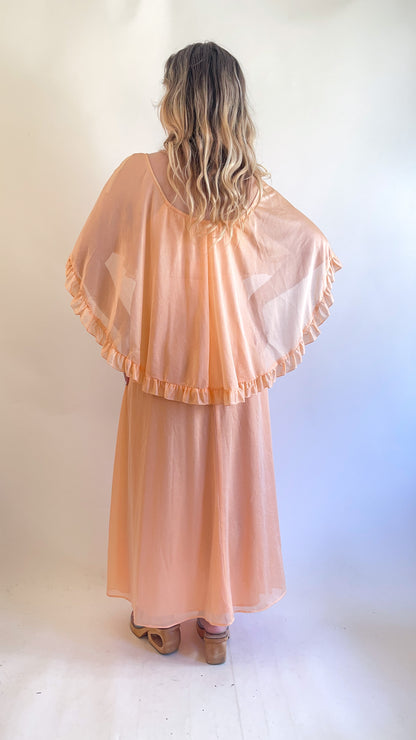 70s Peach Ruffled Cape Maxi Dress (M)