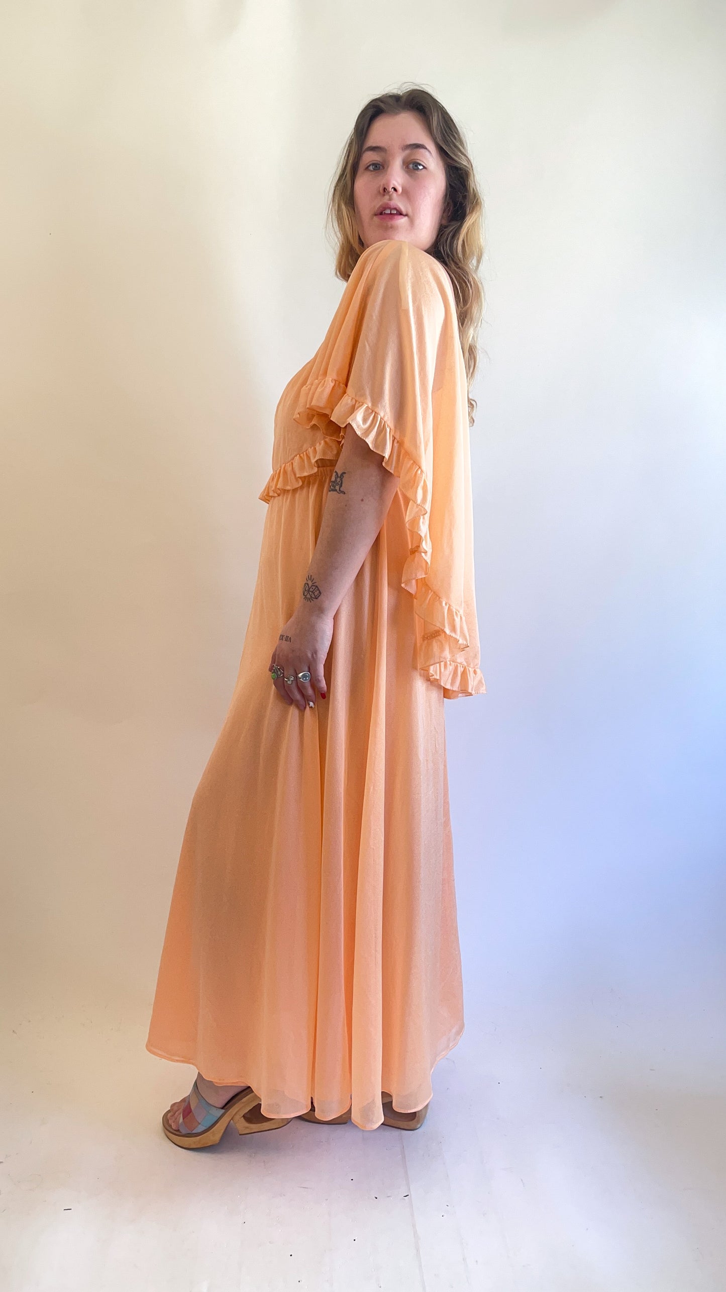 70s Peach Ruffled Cape Maxi Dress (M)