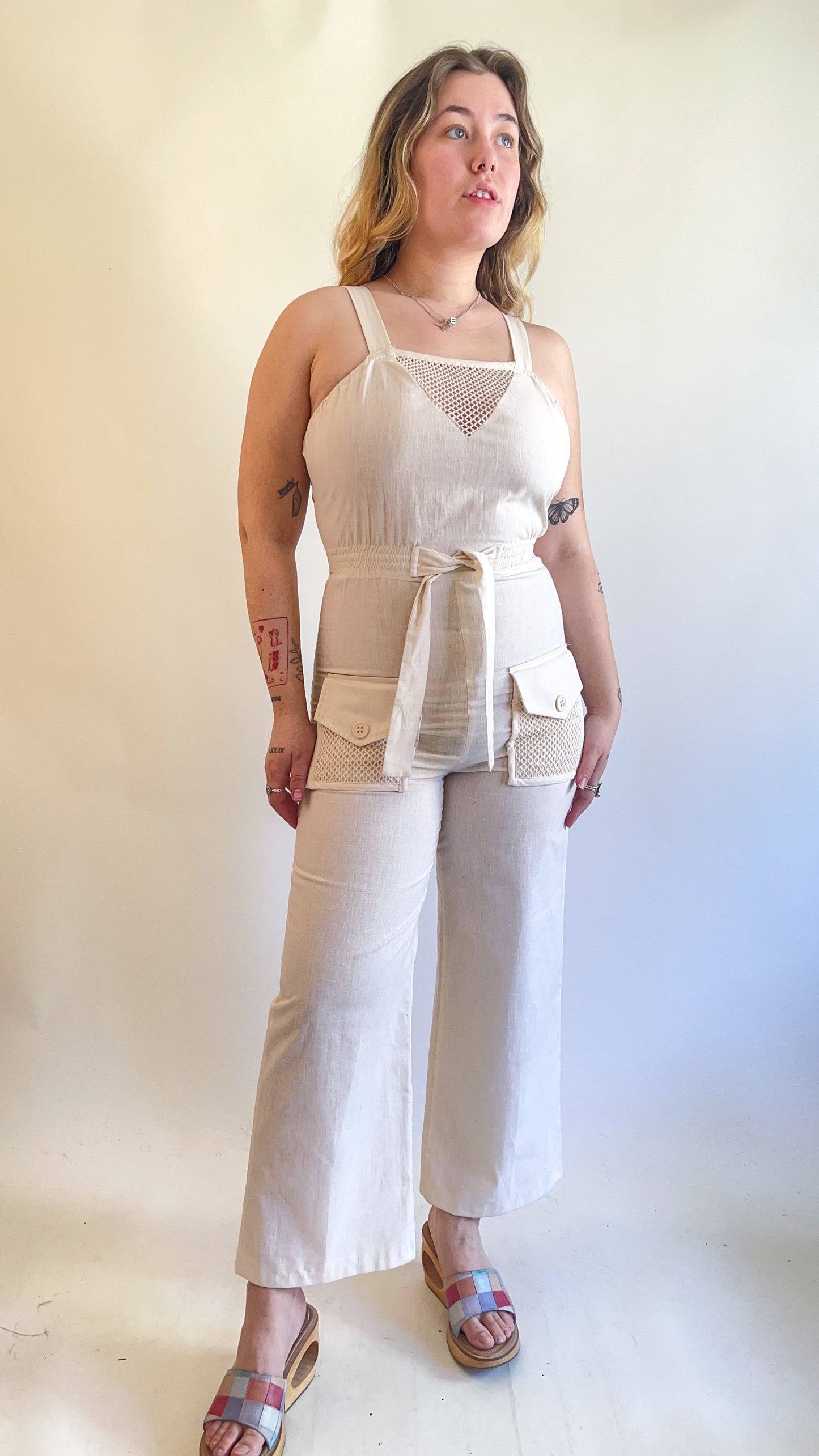 70s Cream JCPenney Flared Jumpsuit (M)
