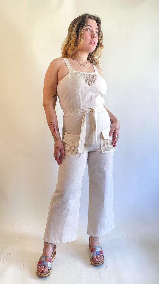 70s Cream JCPenney Flared Jumpsuit (M)