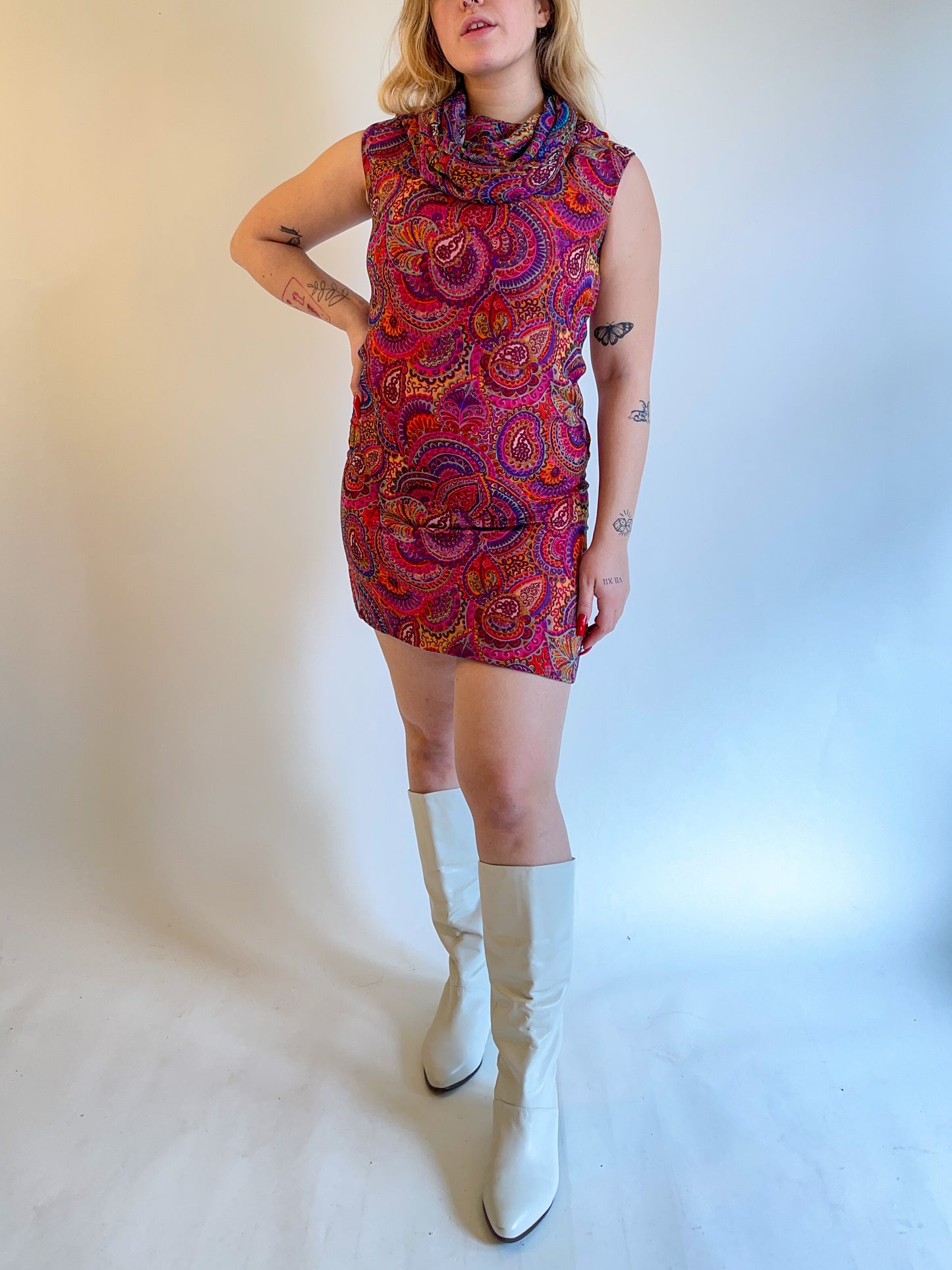 60s Rainbow Psychedelic Paisley Cowl Neck Mini Dress (S)