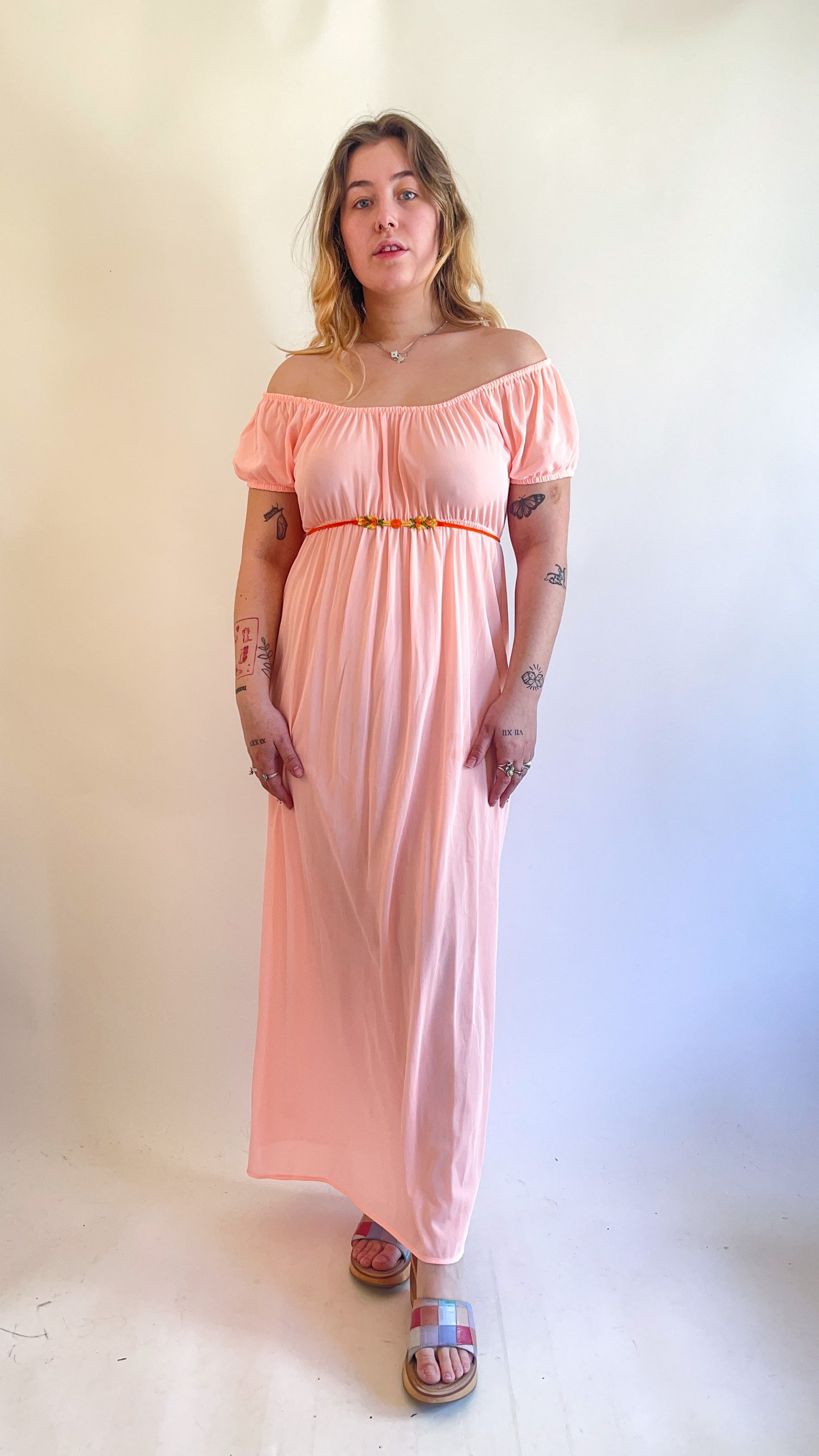 60s Pink Puff Sleeve Lightweight Nylon Maxi Dress (M)