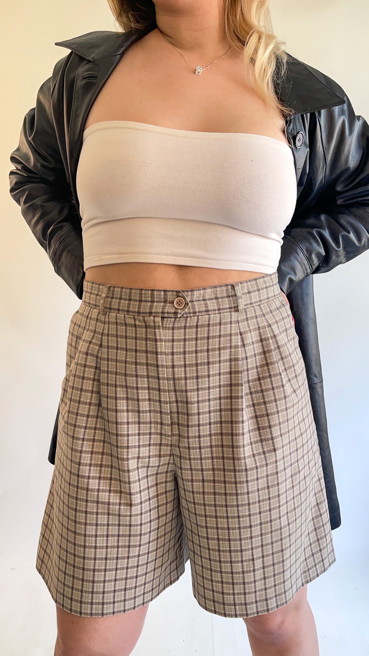 90s Tan Checked Trouser Fit Shorts (W32")