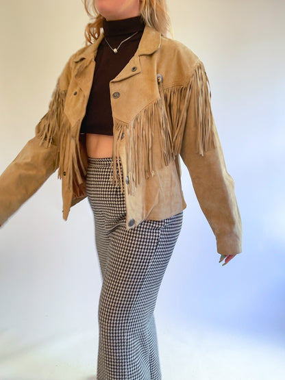 L 80s Tan Suede Fringe Jacket