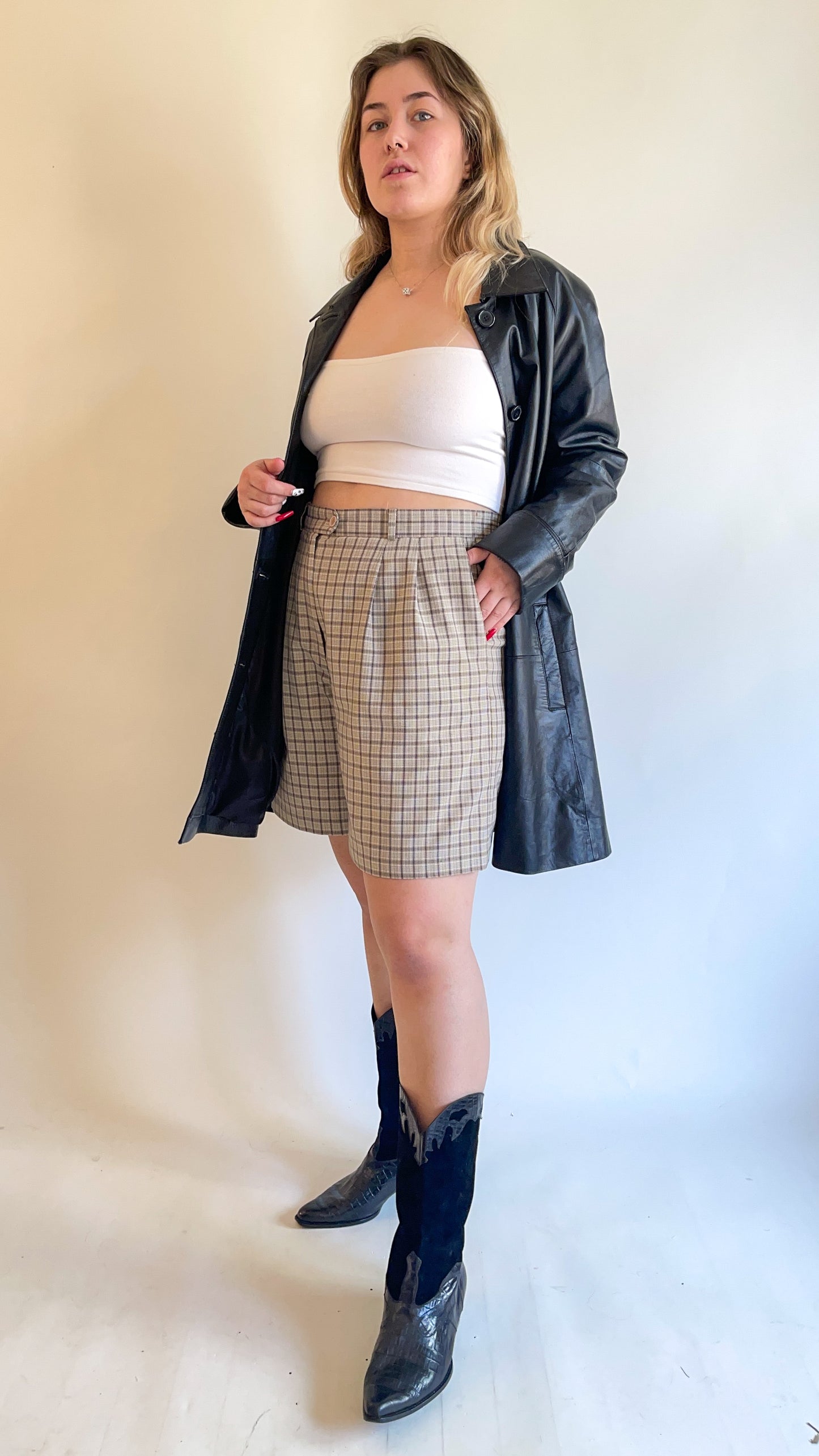 90s Tan Checked Trouser Fit Shorts (W32")