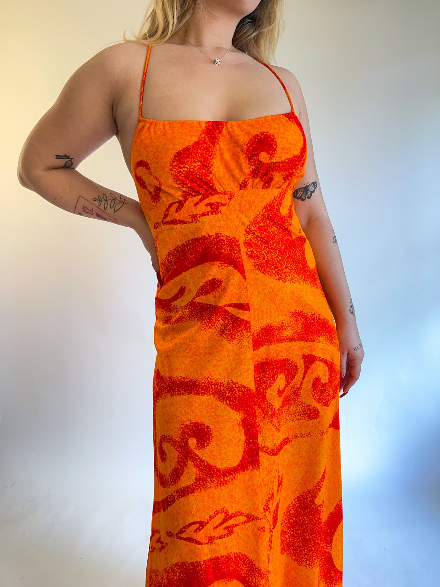 60s/70s Fumi's Hawaiian Orange Backless Maxi Dress (S/M)