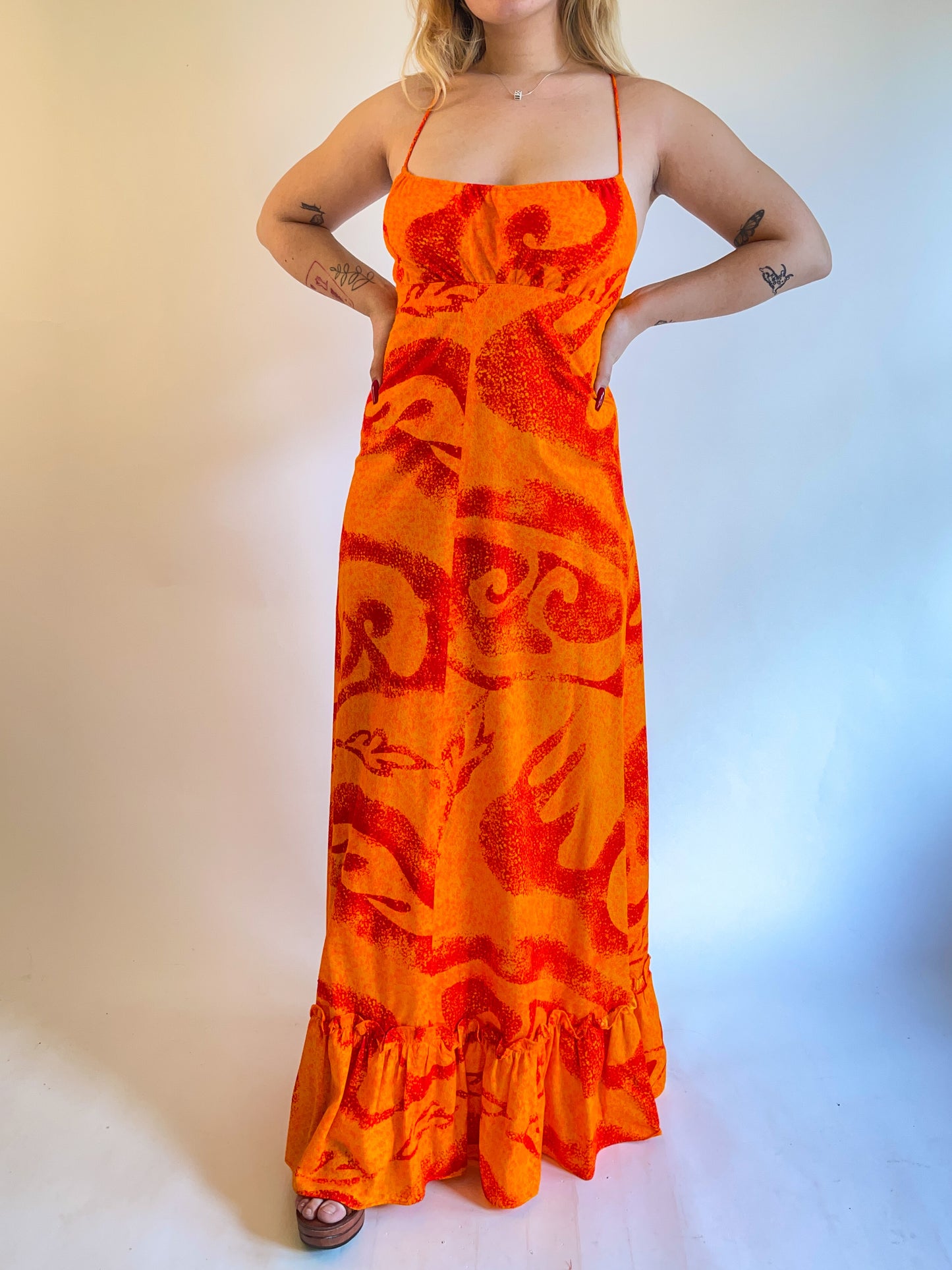 60s/70s Fumi's Hawaiian Orange Backless Maxi Dress (S/M)