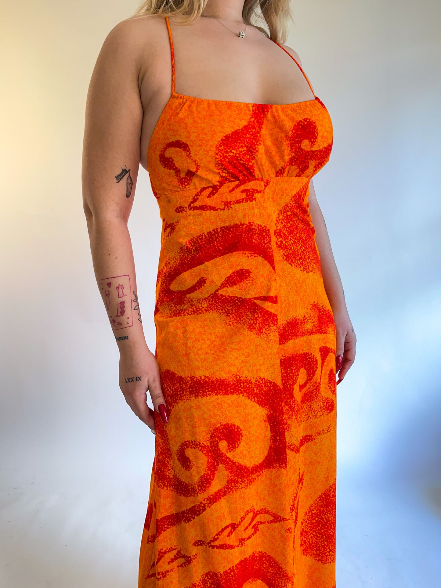 60s/70s Fumi's Hawaiian Orange Backless Maxi Dress (S/M)