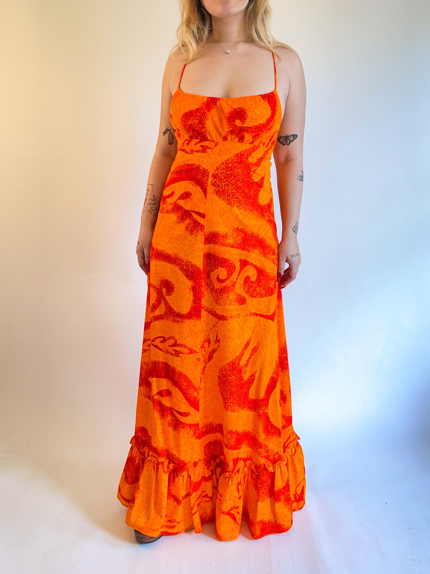 60s/70s Fumi's Hawaiian Orange Backless Maxi Dress (S/M)