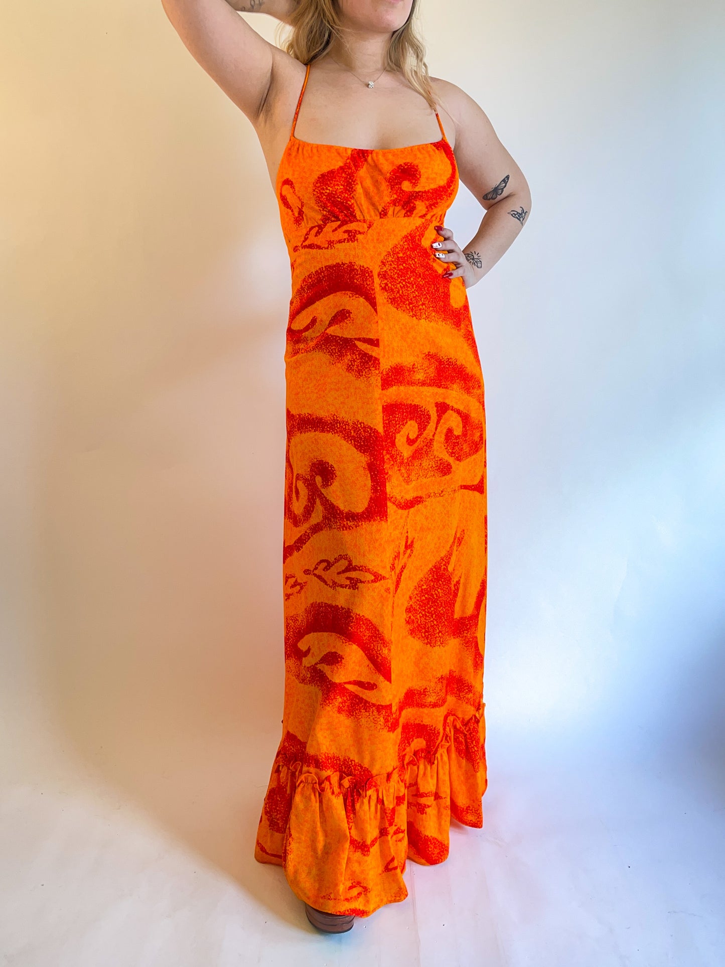 60s/70s Fumi's Hawaiian Orange Backless Maxi Dress (S/M)