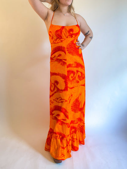 60s/70s Fumi's Hawaiian Orange Backless Maxi Dress (S/M)