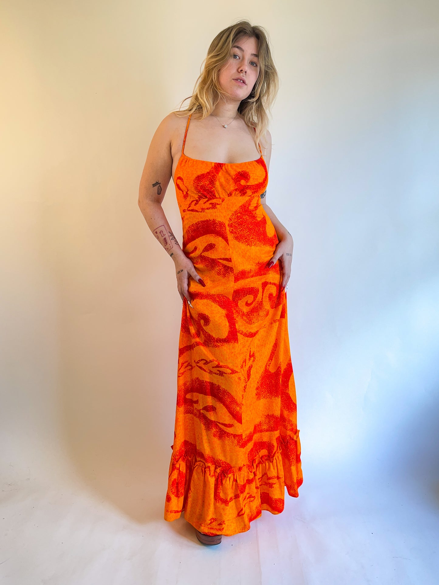 60s/70s Fumi's Hawaiian Orange Backless Maxi Dress (S/M)