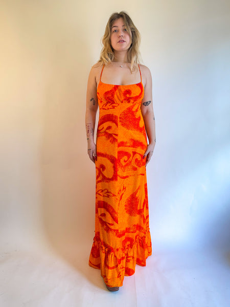60s/70s Fumi's Hawaiian Orange Backless Maxi Dress (S/M)