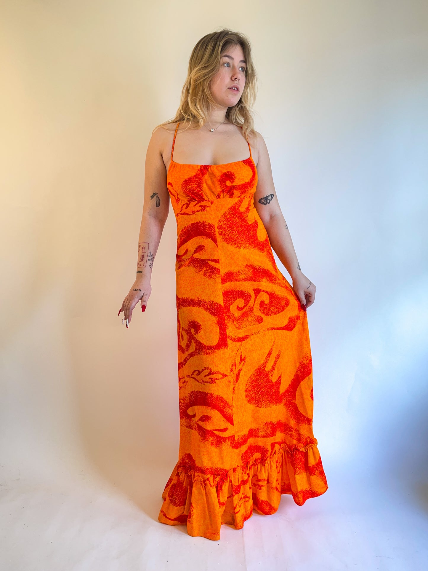 60s/70s Fumi's Hawaiian Orange Backless Maxi Dress (S/M)