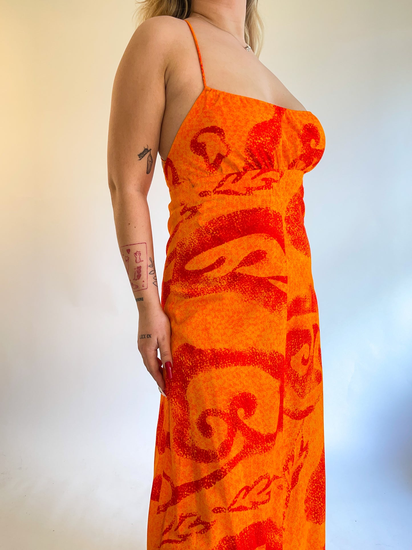 60s/70s Fumi's Hawaiian Orange Backless Maxi Dress (S/M)