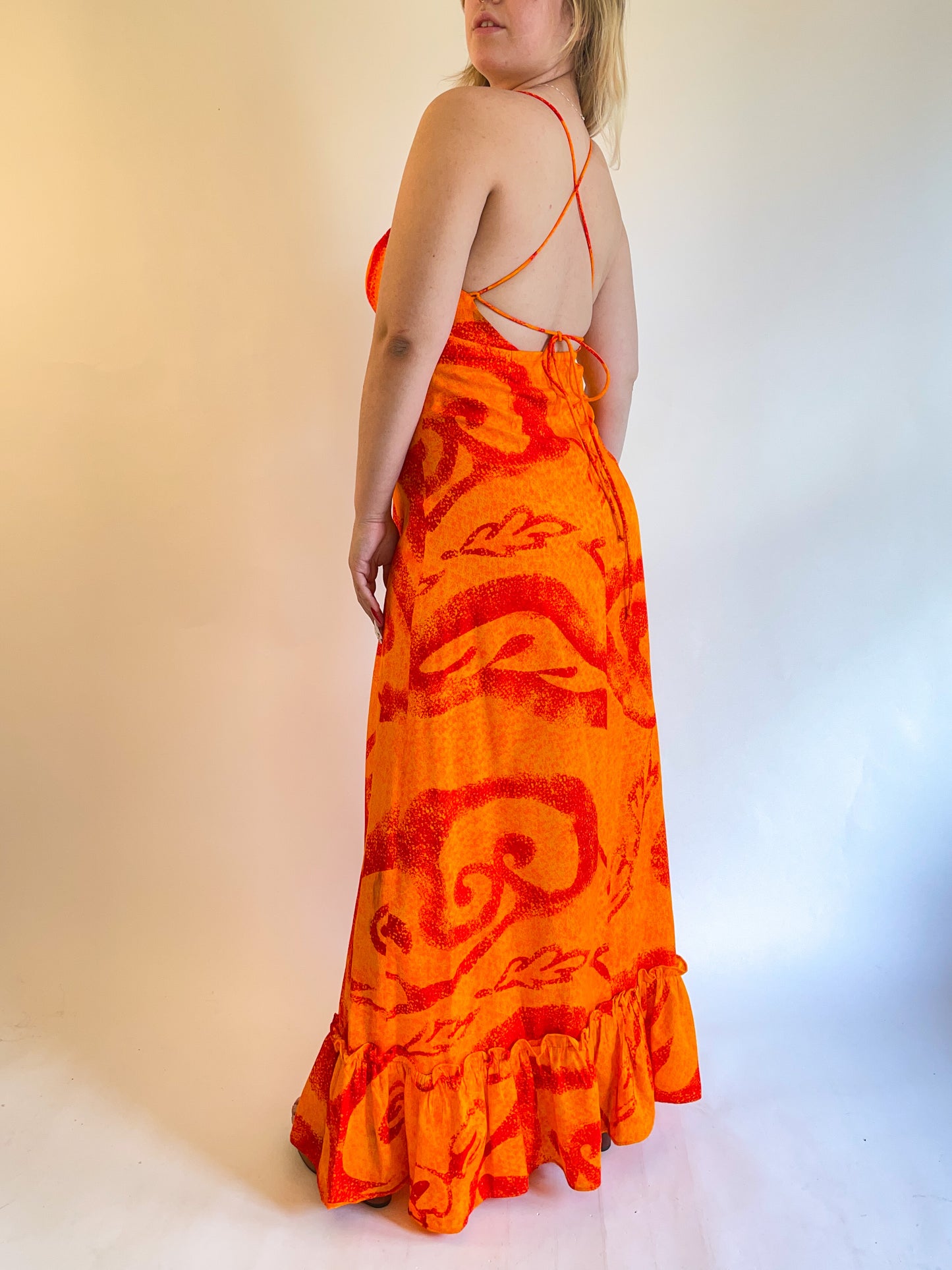 60s/70s Fumi's Hawaiian Orange Backless Maxi Dress (S/M)