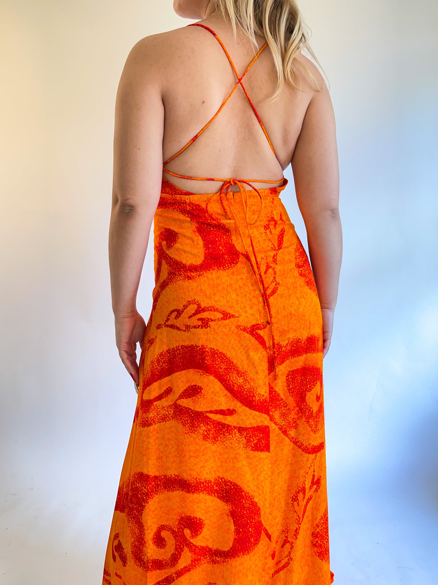 60s/70s Fumi's Hawaiian Orange Backless Maxi Dress (S/M)