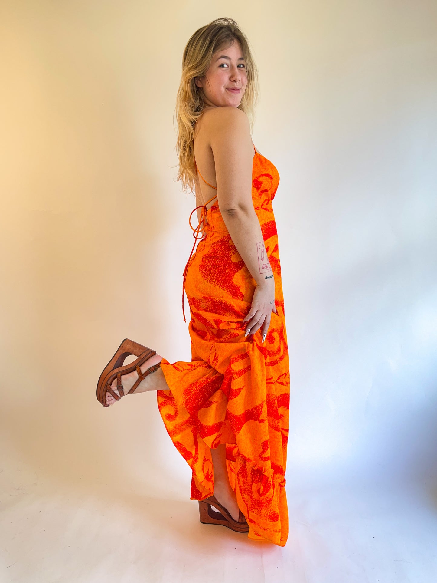 60s/70s Fumi's Hawaiian Orange Backless Maxi Dress (S/M)