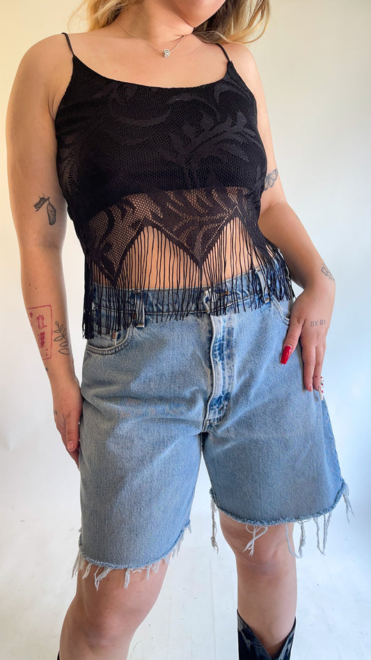 90s-00s Deadstock Black Crochet Fringe Lace Tank Top (S/M)