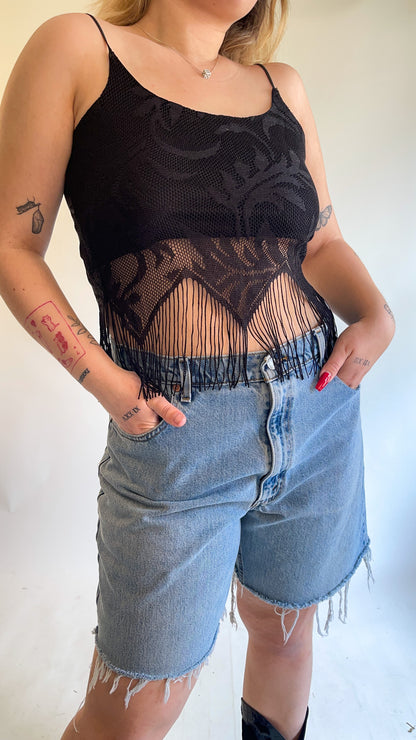 90s-00s Deadstock Black Crochet Fringe Lace Tank Top (S/M)