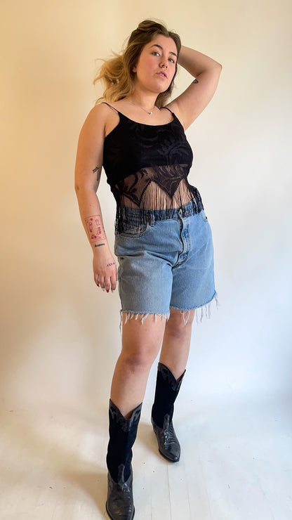 90s-00s Deadstock Black Crochet Fringe Lace Tank Top (S/M)