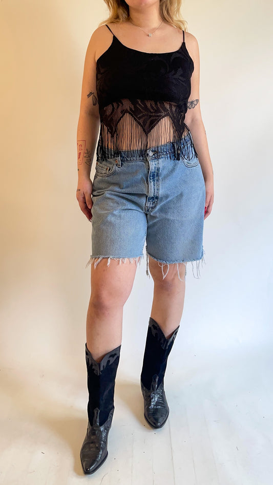 90s-00s Deadstock Black Crochet Fringe Lace Tank Top (S/M)