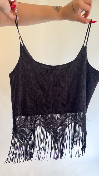 90s-00s Deadstock Black Crochet Fringe Lace Tank Top (S/M)