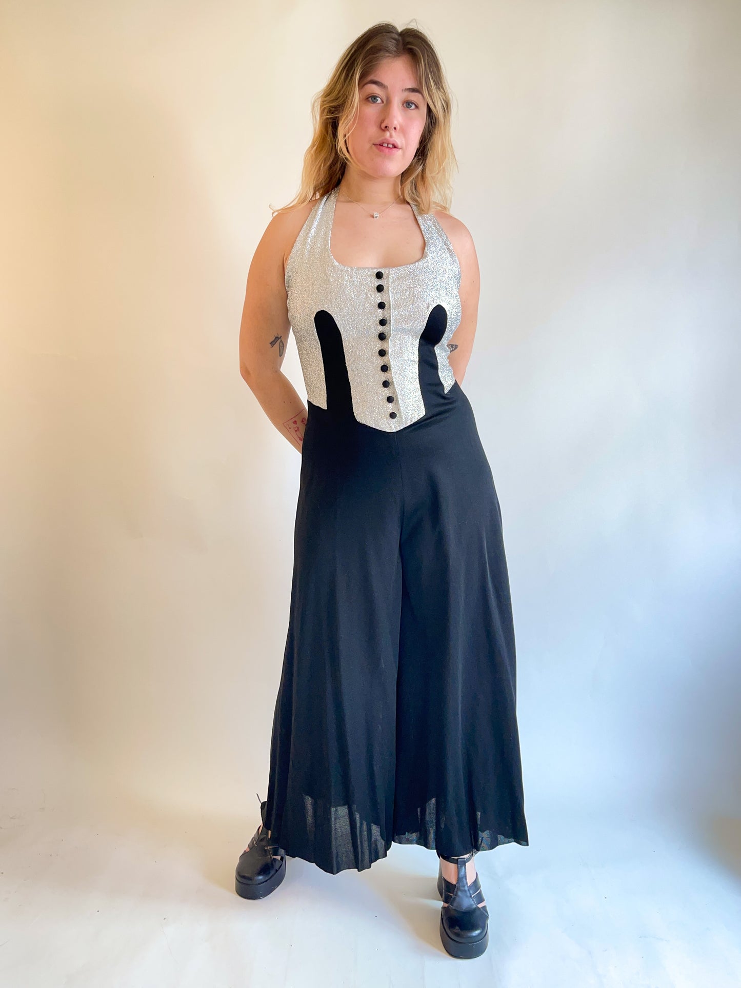 70s Sparkly Disco Sleeveless Tuxedo Wide Leg Jumpsuit (M/L)