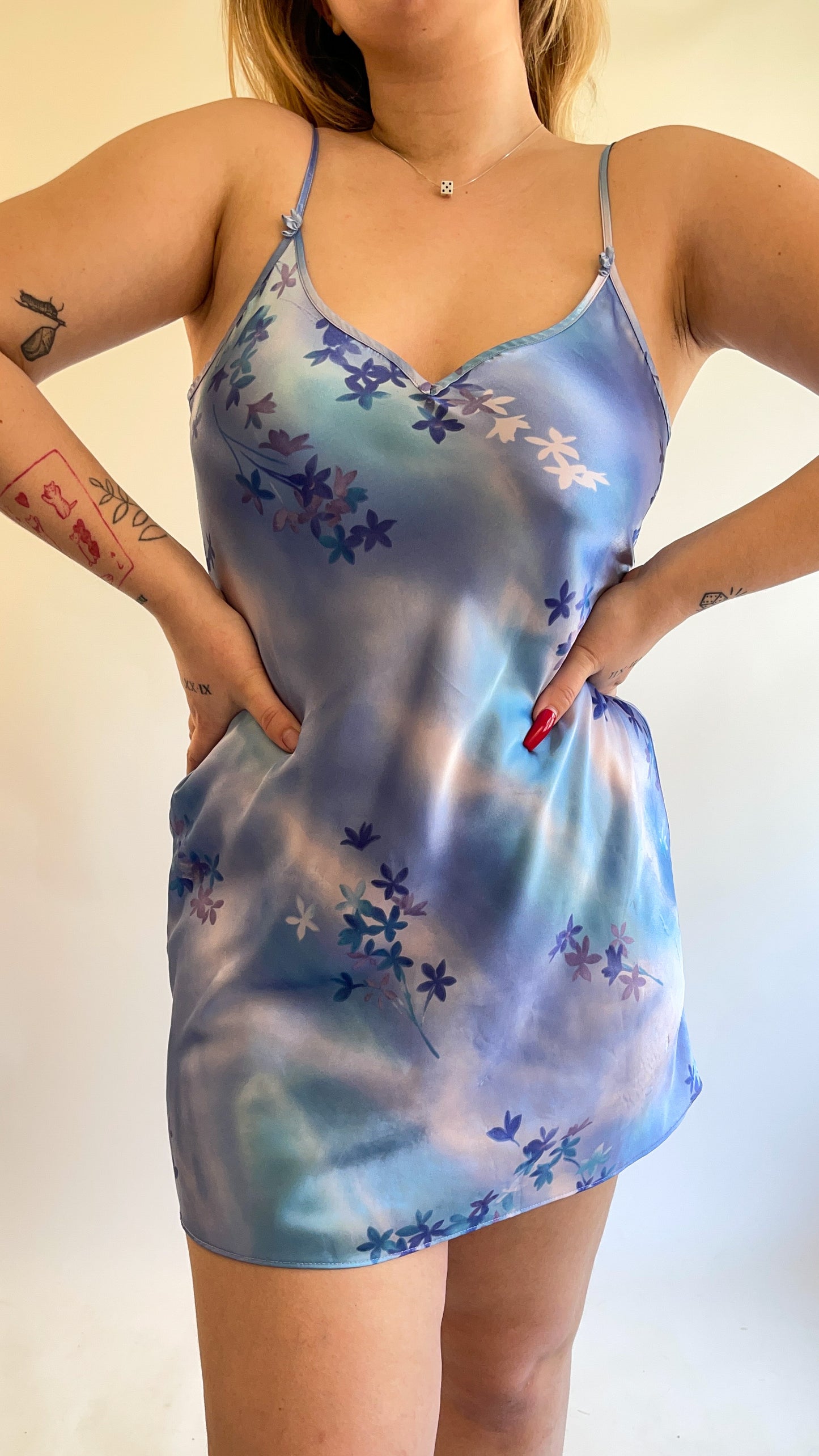 90s Blue Floral Backless Mini Slip Dress (S)