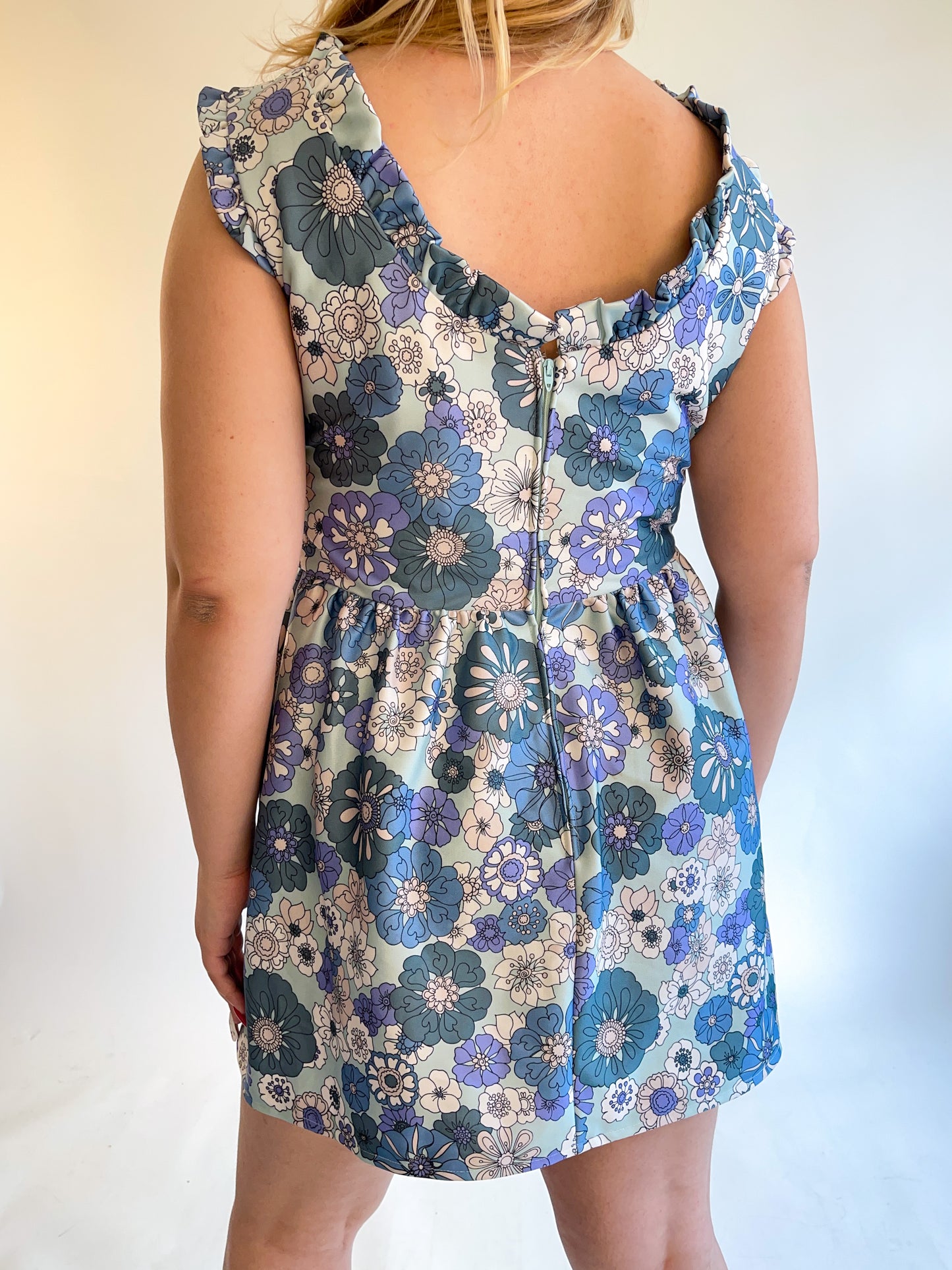 60s Blue Floral Daisy Print Mini Dress (M/L)