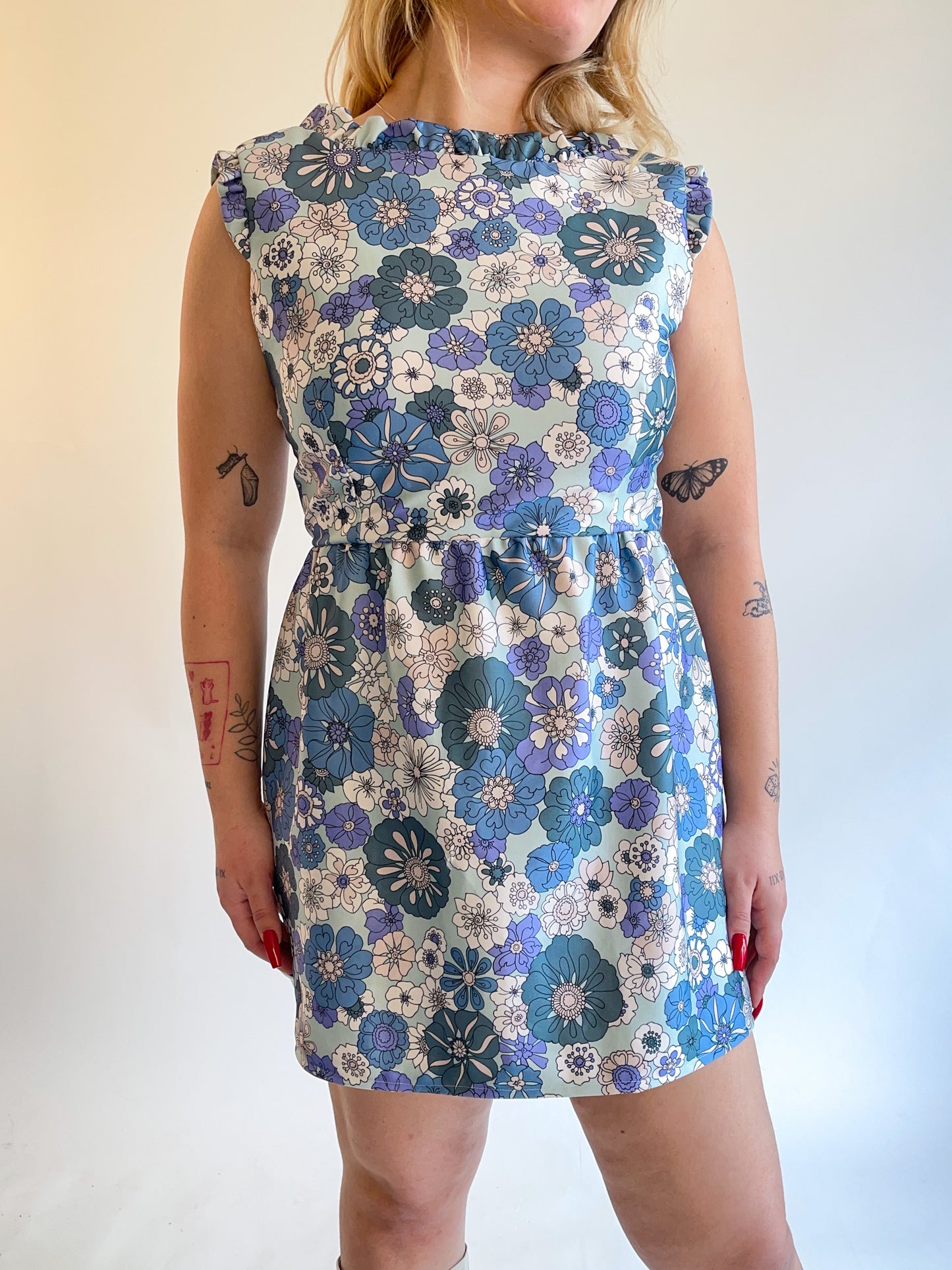 60s Blue Floral Daisy Print Mini Dress (M/L)